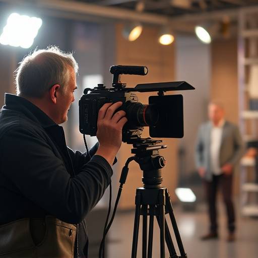 Equipo de filmación grabando una escena con una cámara profesional.